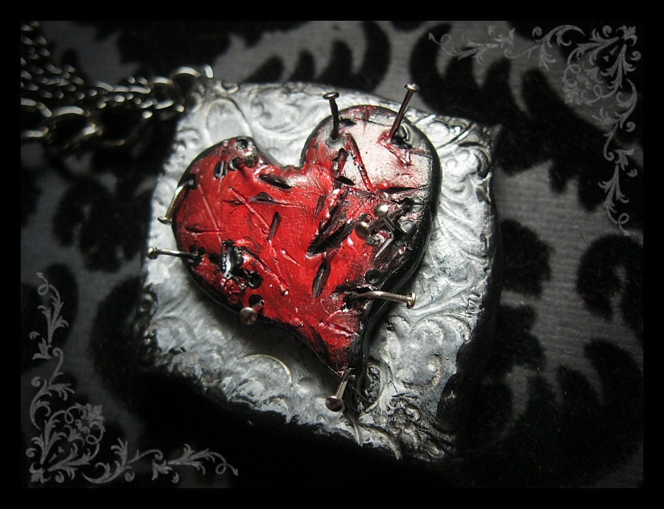 Goth stabbed heart hand sculpted and painted jewelry necklace