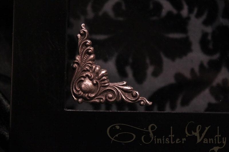 Gothic Taxidermy Bat Goth Curio Black Antique Damask Brass Filigree Neo-Victorian Shadow box frame macabre wall Plaque art