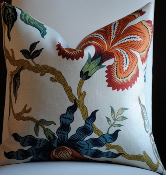 NEW Beautiful FLORAL Decorative Pillow Cover- Hot House Flowers-20x20-LINEN-Throw Pillow-Accent Pillow-Blue-Green-Red-Orange-Gold