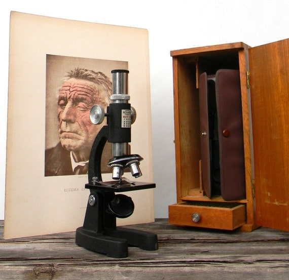 Vintage Microscope Set by Mark II with tools and slides in original Wooden Box