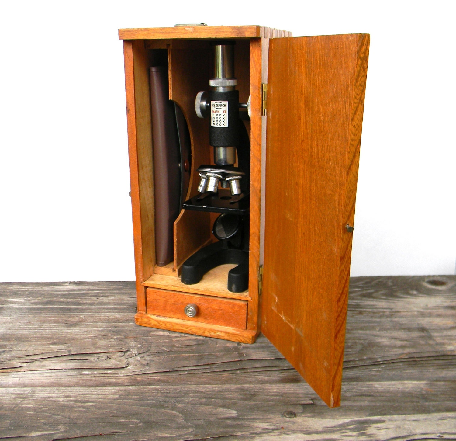 Vintage Microscope Set by Mark II with tools and slides in original Wooden Box