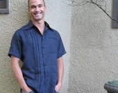 Navy Linen Mens Short Sleeved Shirt Custom Made for You
