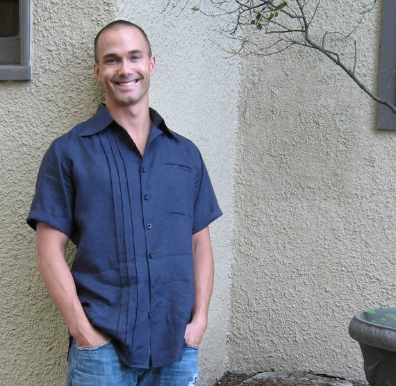 Navy Linen Mens Short Sleeved Shirt Custom Made for You