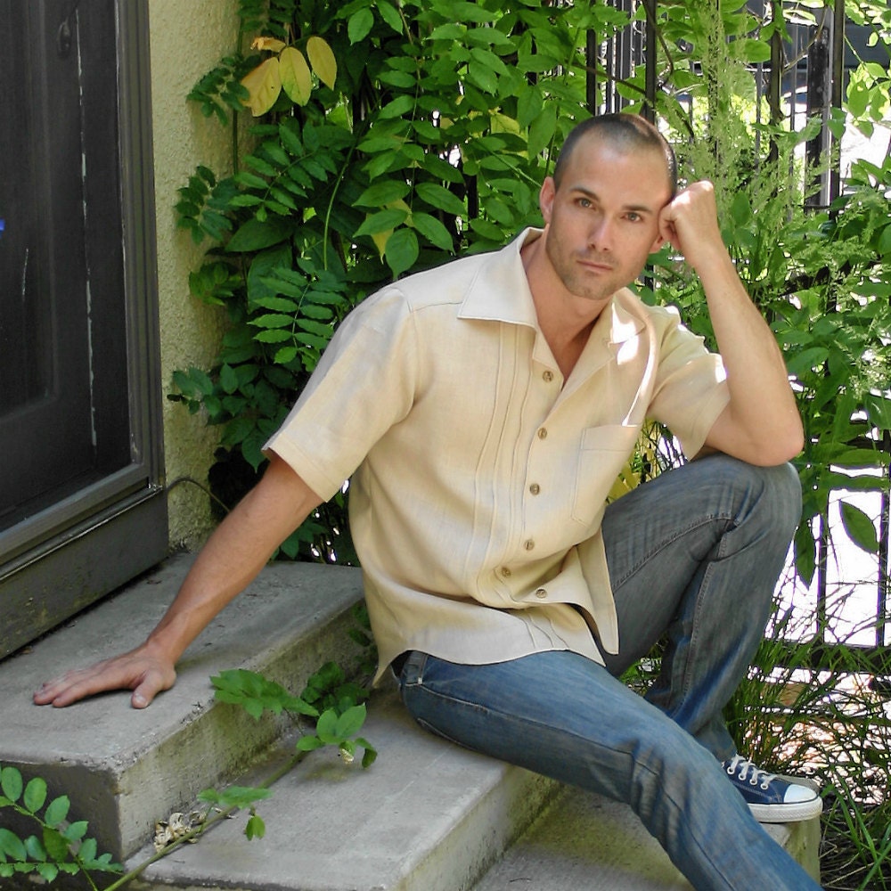 Navy Linen Mens Short Sleeved Shirt Custom Made for You