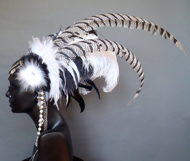 MADE TO ORDER Black & White Feather Headress
