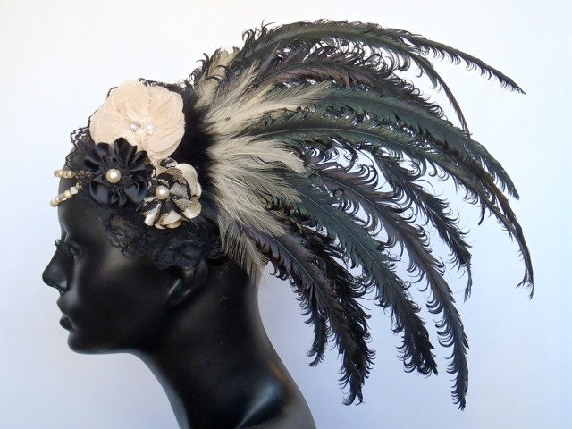 MADE TO ORDER Black & Cream Feather Headpiece