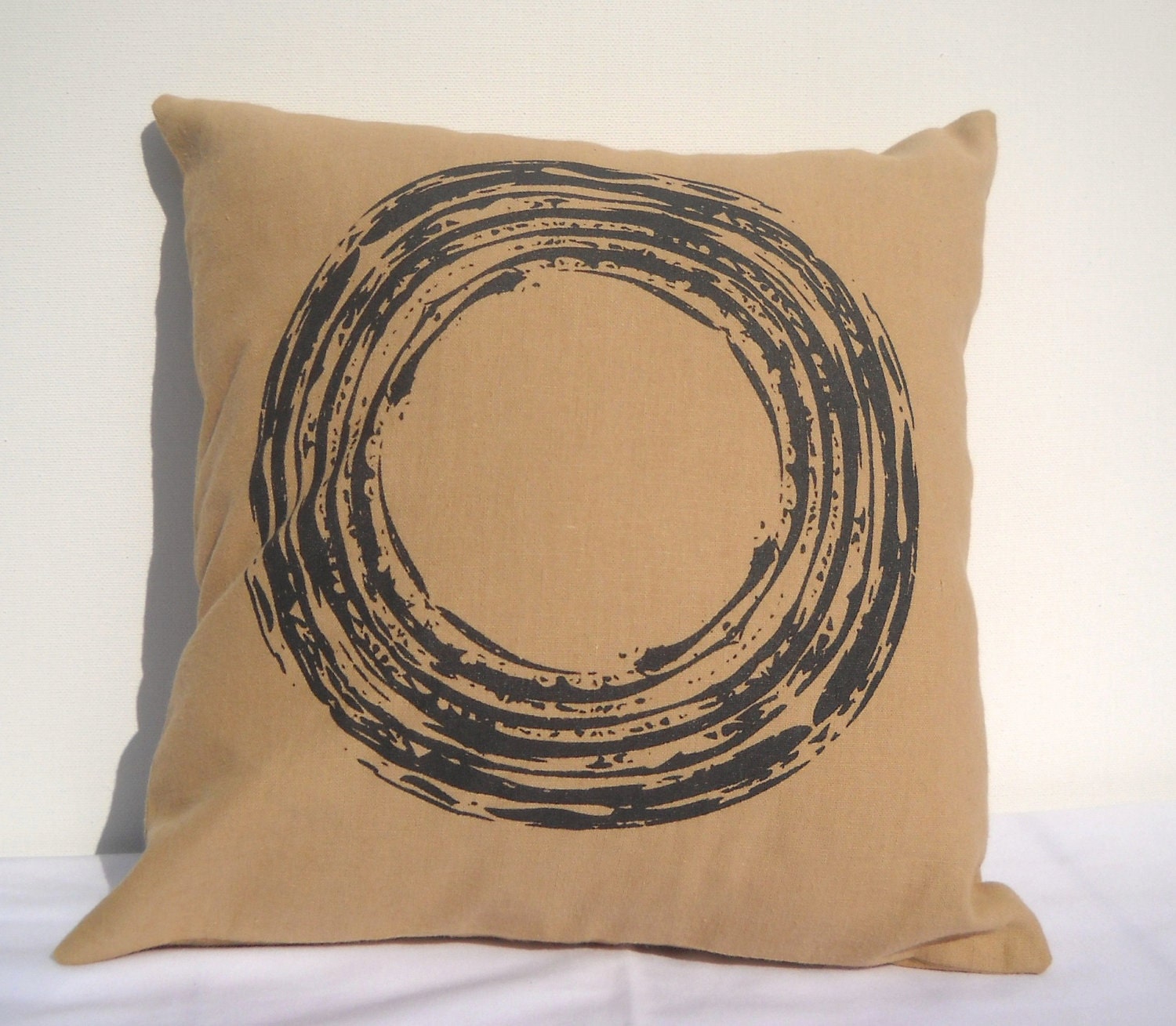 PILLOW / CUSHION soft linen cover with black circle desing, 12 x 12