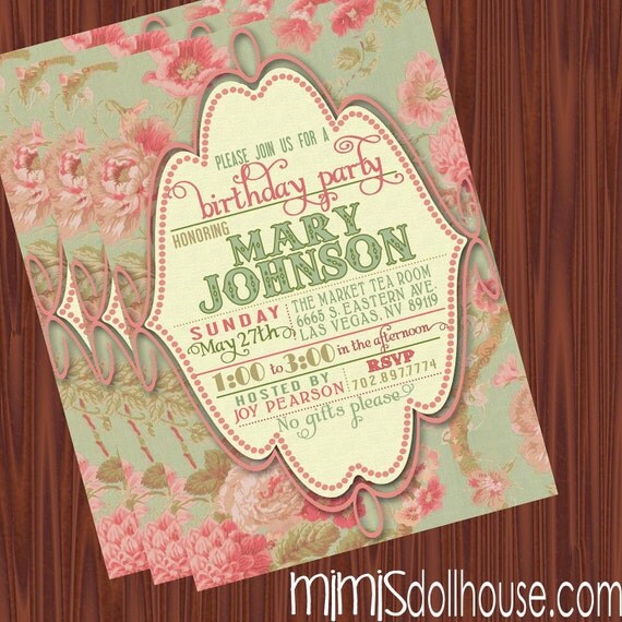 Vintage Invitation- Printable Vintage Floral Birthday Invitation or Shower Invitation PDF/JPEG Il_570xn
