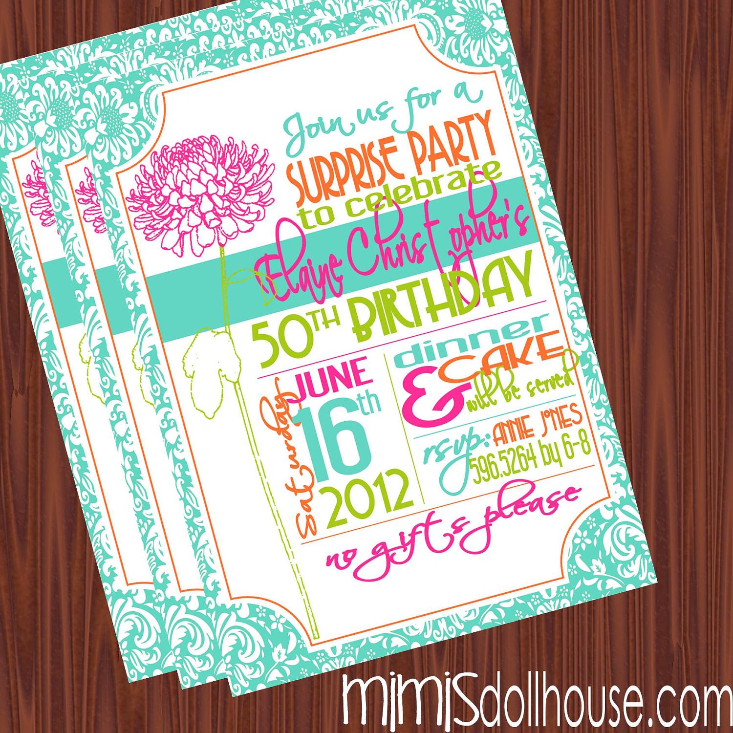 Chrysanthemum Invitation- Flower and Damask Birthday Invitation PDF/JPEG Il_570xn