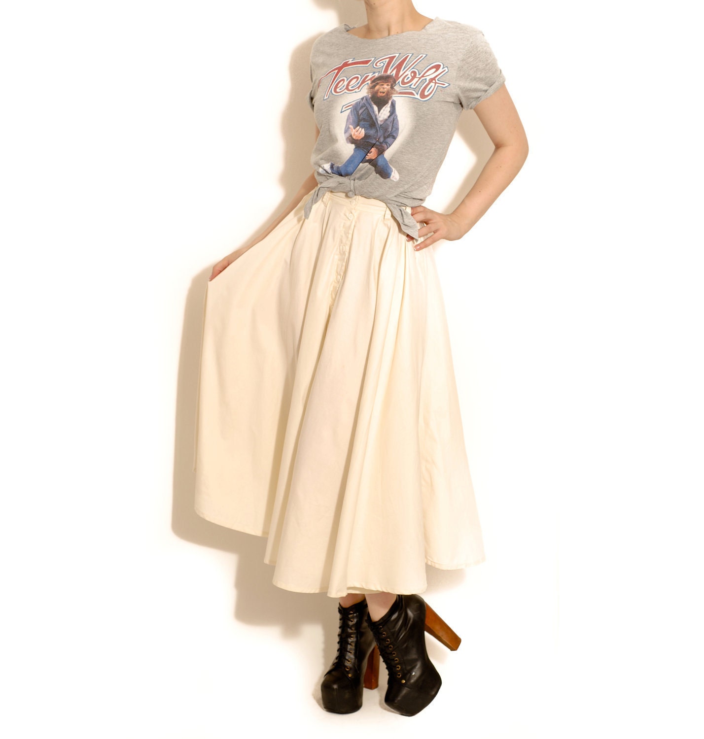 Vintage Cream Circle Skirt, Retro, Rockabilly - U.K 8/10