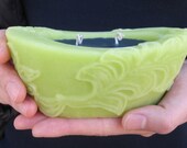 Central Park - Beeswax / Palmwax Candles - Med Sculptural Natural Wax Candle - Chantilly Lace Pattern Candle -(Chartreuse/Navy)