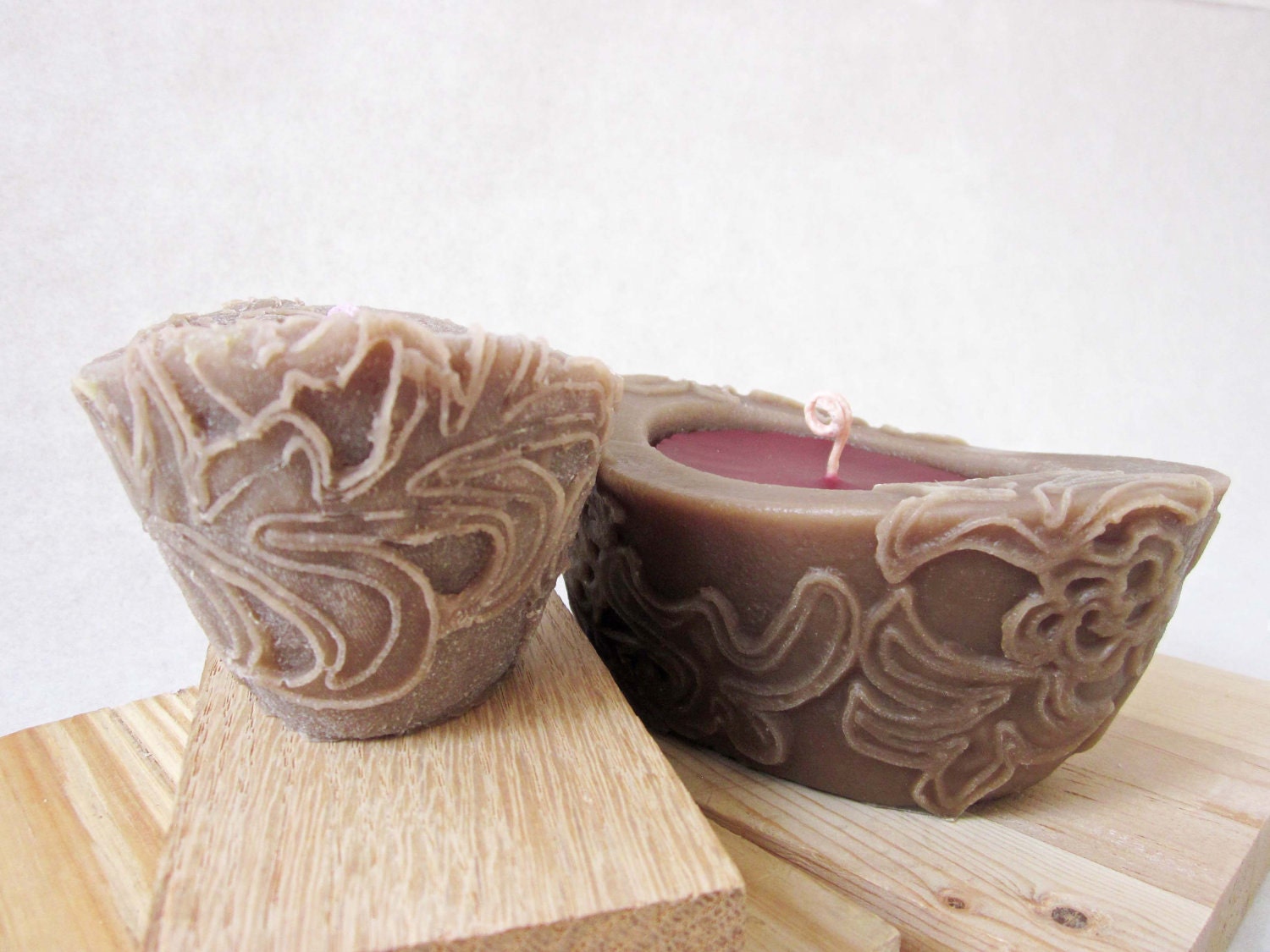 Chocolate Cherry - Beeswax / Palmwax CandlesGift Set -Sm &  Med Sculptural Wax Candle - Chantilly Lace Pattern Candle -(Dk Brown/Dk Red)