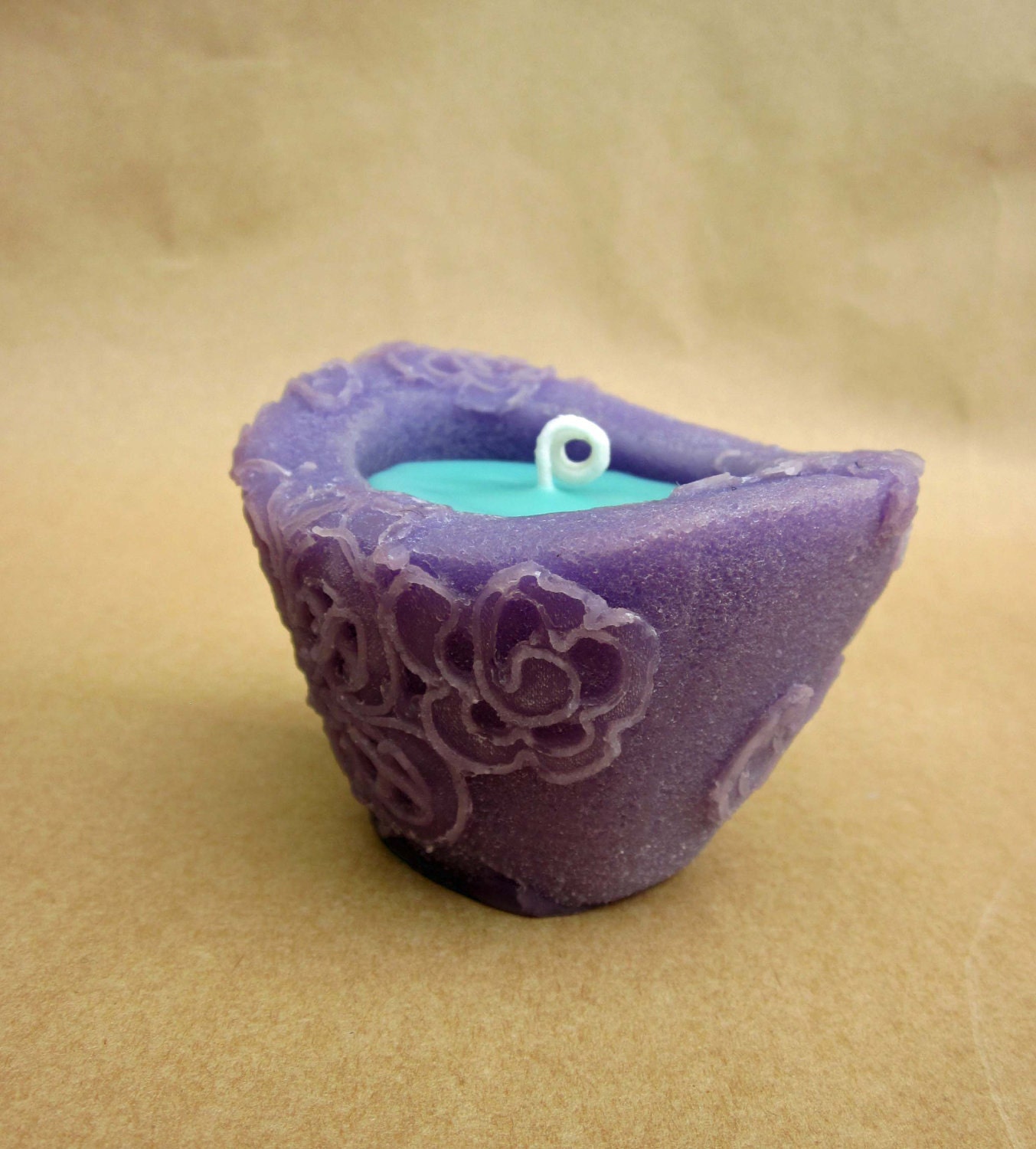 Gum Drops - Beewax/palmwax Candles - Small Chantilly Design Natural Wax Candle (Dk Lavender/Teal Color)