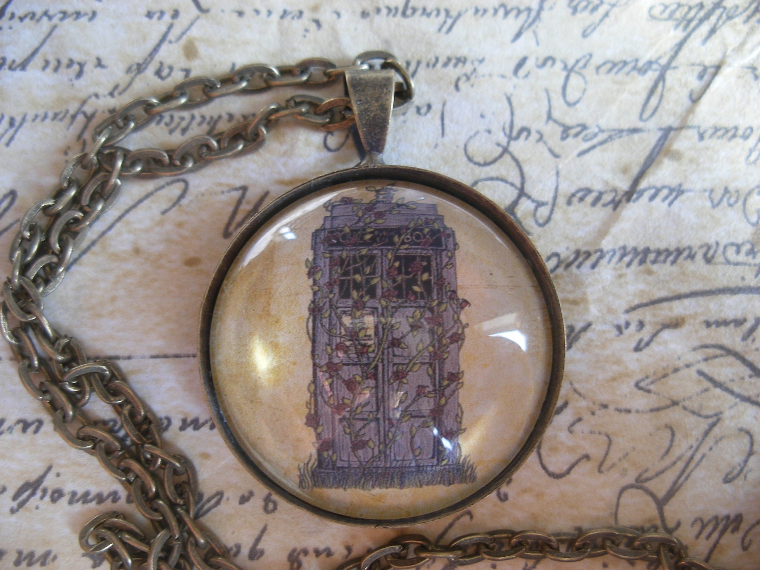 Doctor Who Rose Pendant Necklace- Dr Who inspired Tardis artwork in antiqued bronze setting with 18 inch chain
