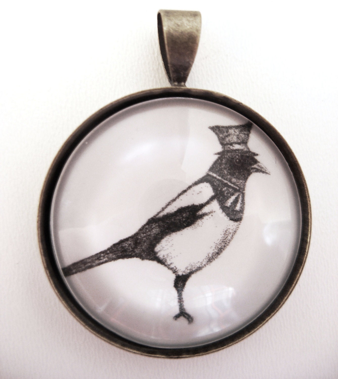 Hello Mister Magpie Pendant- Victorian style artwork in antiqued bronze setting