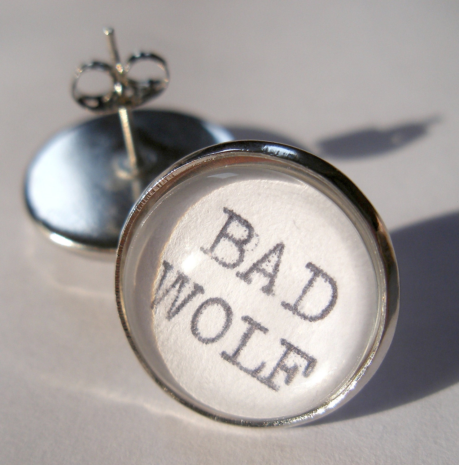 Doctor Who BAD WOLF Large Post Earrings with Real Vintage Typewriter Text- black white silver ear stud rings
