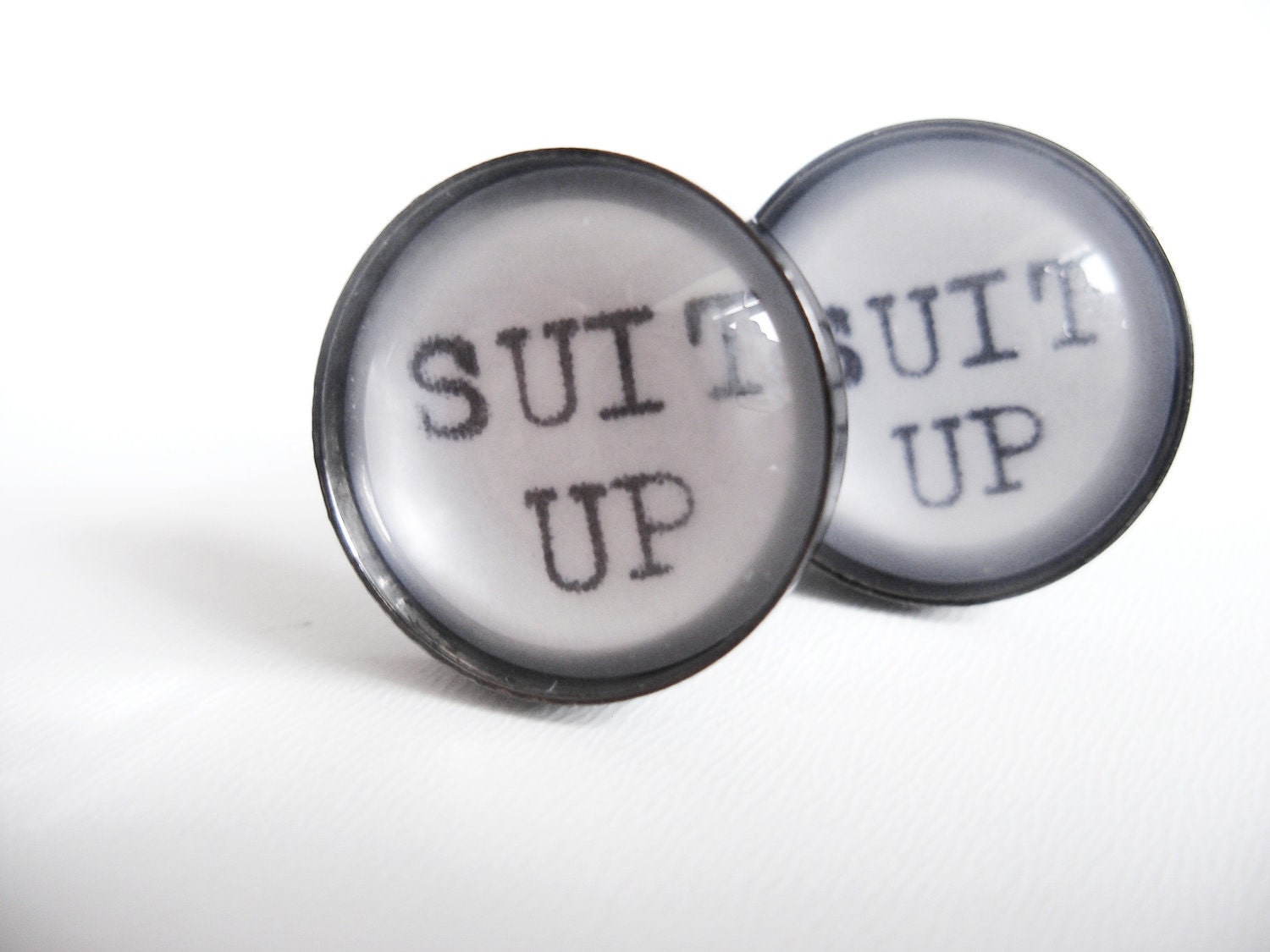 Unique SUIT UP Cufflinks using Real Vintage Typewriter Text- Mens Fashion Black and White Cuff Links- How I Met Your Mother Gift for Him