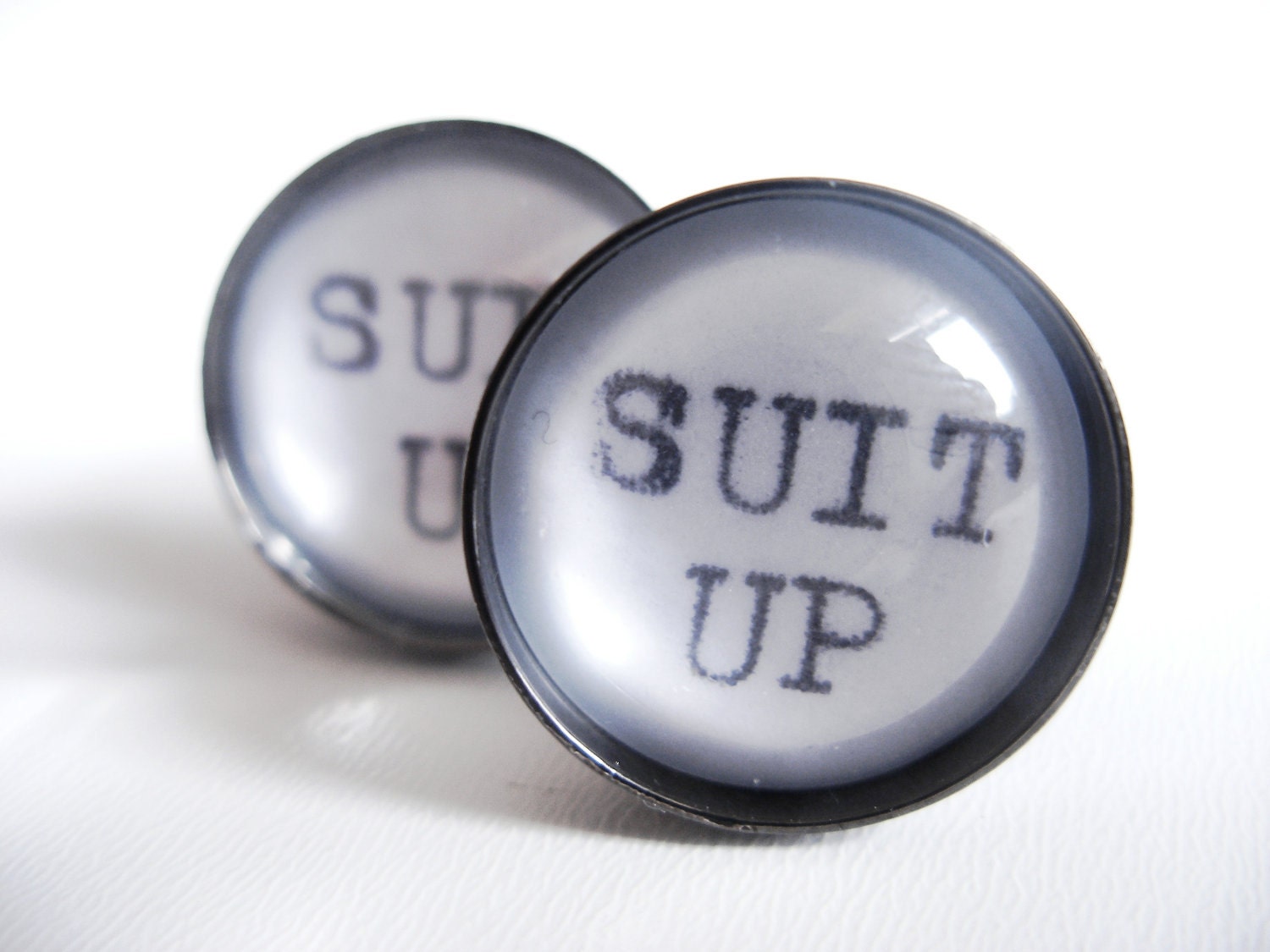 Unique SUIT UP Cufflinks using Real Vintage Typewriter Text- Mens Fashion Black and White Cuff Links- How I Met Your Mother Gift for Him