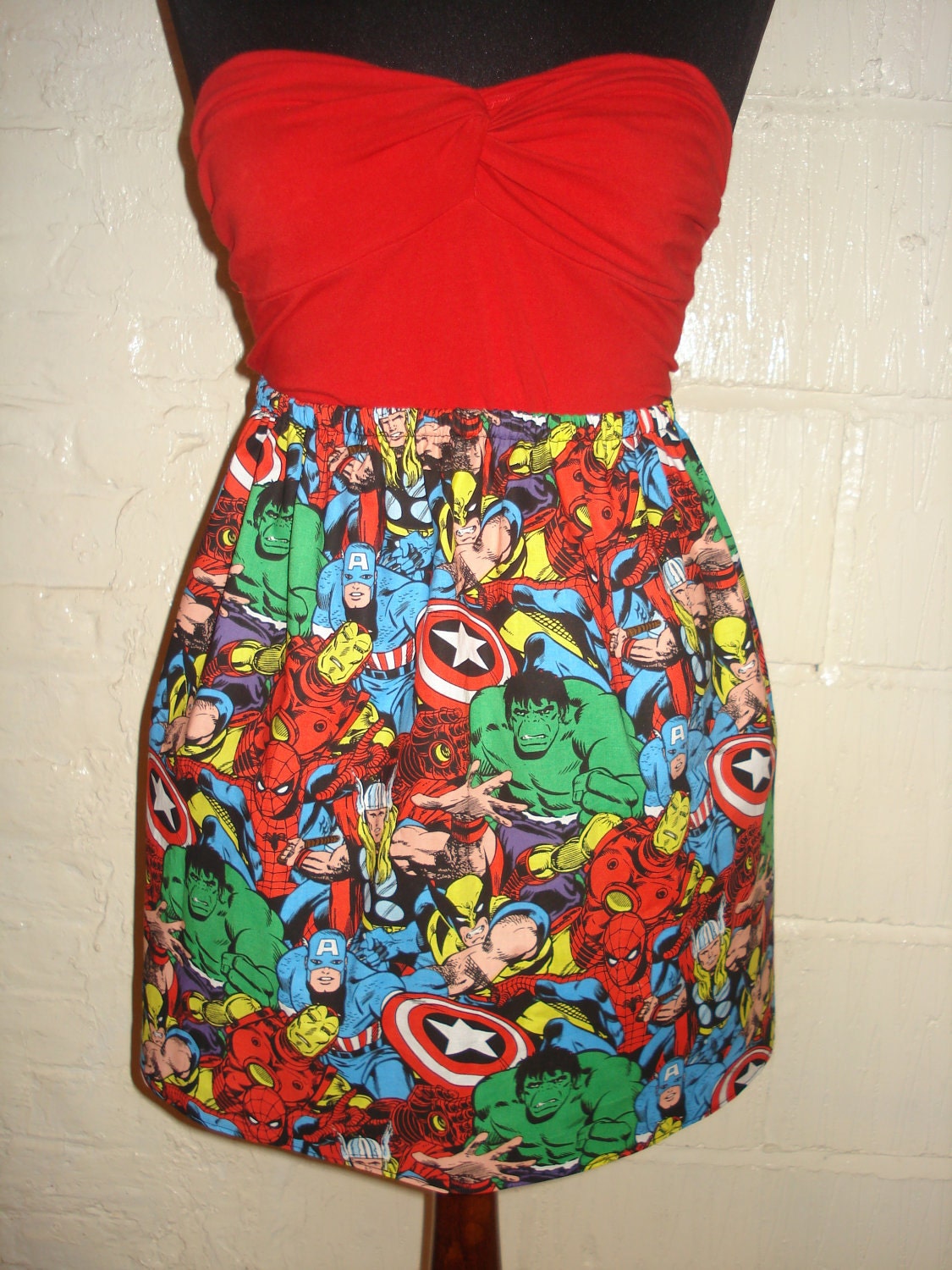 LAST ONE - Small Print Avengers Mini Skirt with Hulk, Captain America, Thor, Spiderman, Iron Man, Wolverine- High Waisted Ladies - Handmade