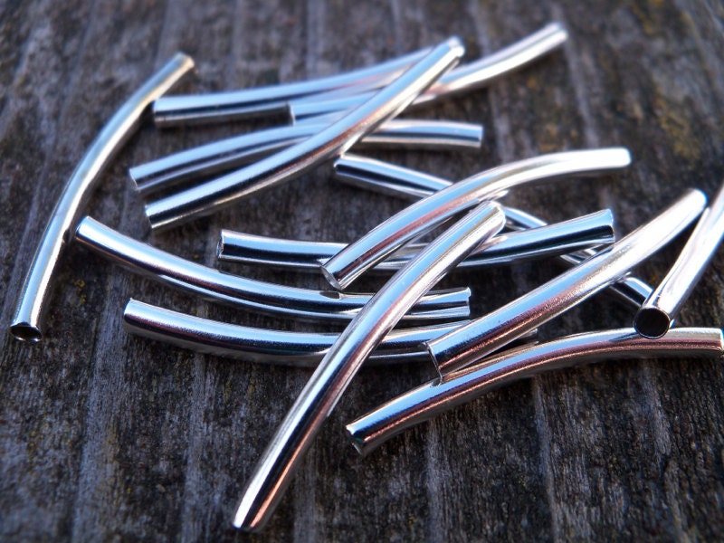 Silver Tube Beads, Curved, 3cm, 25 pcs