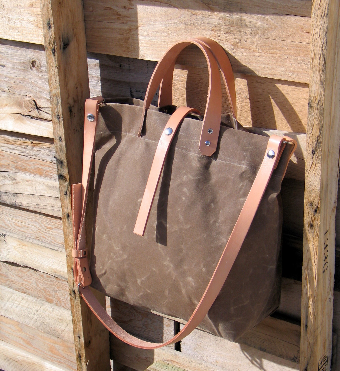 Waxed Canvas Tote with Leather Handles and Detachable Leather Strap in Tan