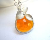 Orange Necklace, Orange Pendant, Tangerine Silver Necklace, Silver Orchid Flower Necklace, Glass, Bridesmaid Necklace, Bridesmaid Gifts