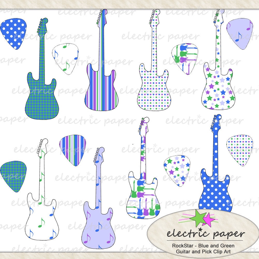 Electric Guitar and Guitar Picks Digital Clip Art - Blue Green Purple-  300 dpi png files