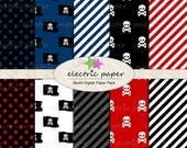 Instant Download - Skull Pirate Paper -  digital paper skulls pirate flags polka dot and stripes - Pirate Boy