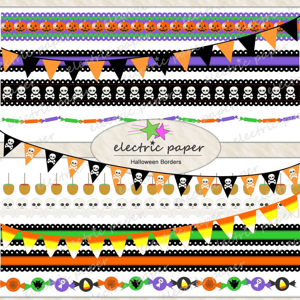 Halloween Border Set - bunting flag banner ribbon skulls orange black green purple - instant download