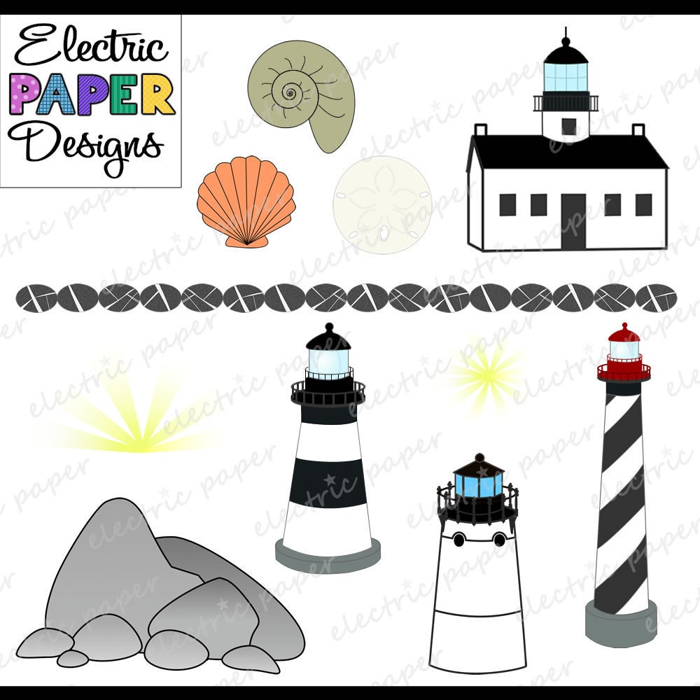 Lighthouse Clip Art Set - Lighthouses, rocks, shells, rock border, and lighted lighthouse effect - instant download