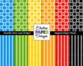 Dots and Stripes Digital Paper Set - Bright Red Blue Green Orange Yellow and Blue - Instant Download