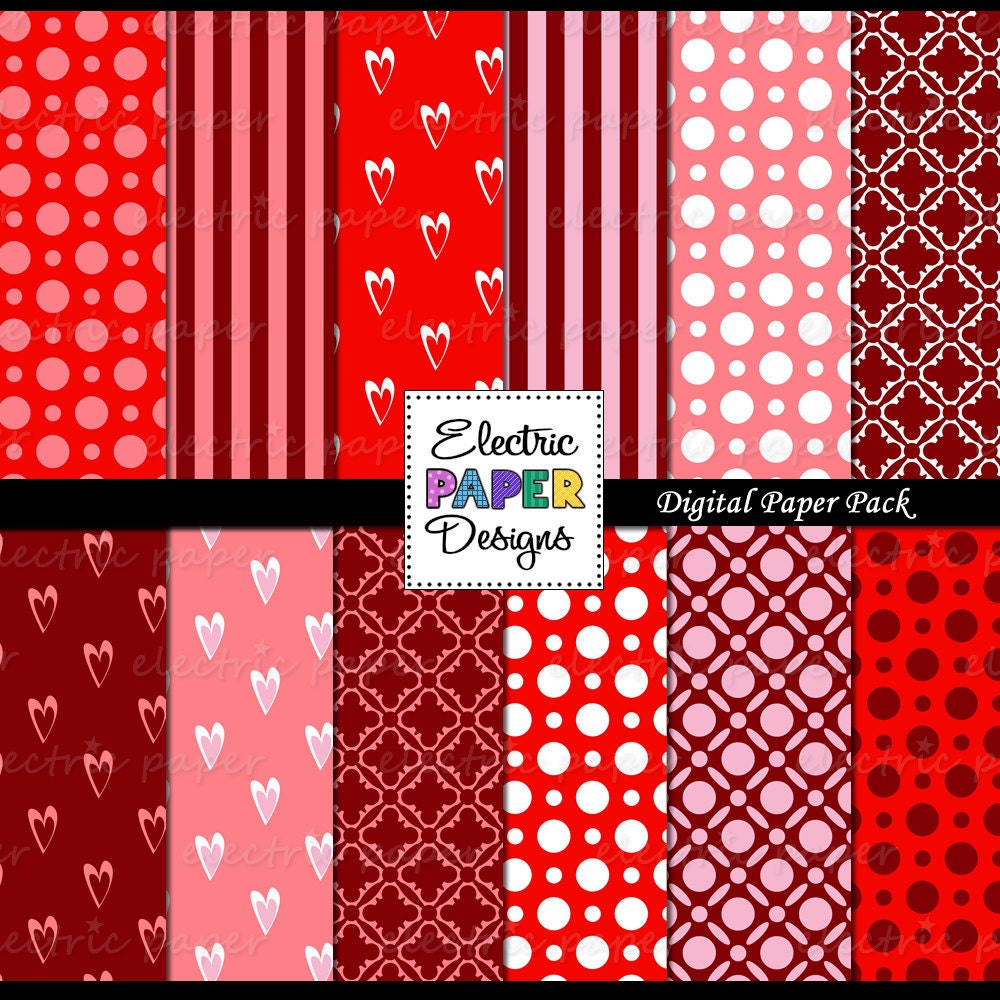 Valentine's Day Background Papers - Set 2  Hearts Polka Dots Stripes - Instant Download