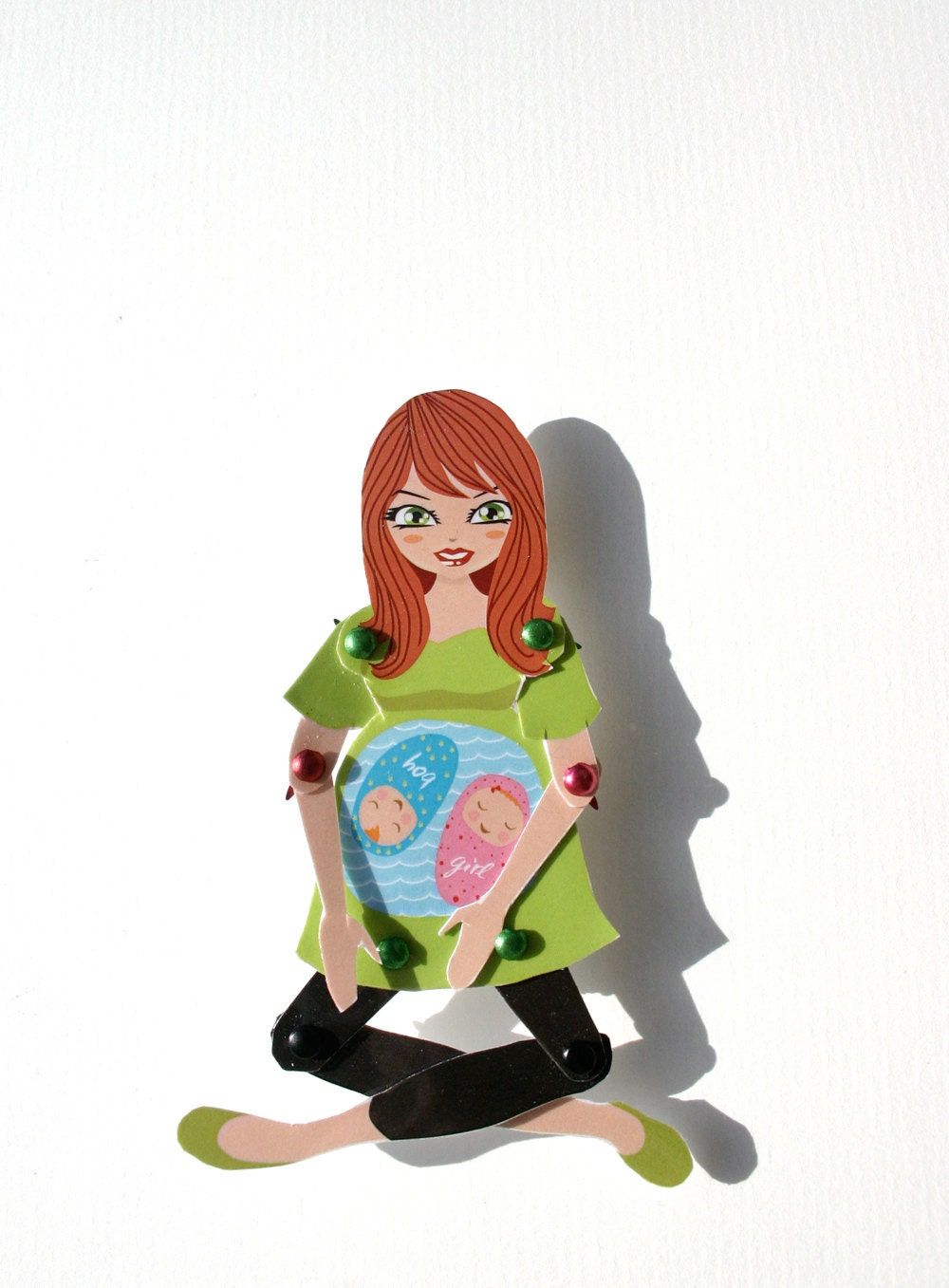 Articulated pregnant mom paperdoll in green and black leggins boy and girl