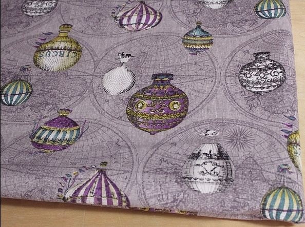 L038C -  Cotton Linen Fabric - Vintage hot air balloon  - Dark purple - 21" x 19" (55x50cm)