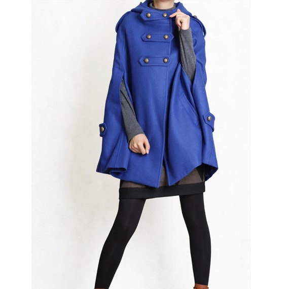 BLUE cape Wool Cape Cashmere coat BLUE coat double breasted button coat winter coat Hood cloak Hoodie cape Hooded Cape/ FM003D