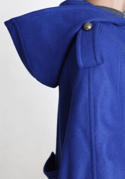 BLUE winter cape, Wool hoodie cape, double breasted hooded coat, winter cloak with hood , 70% wool , Size XS,S,M,L(FM003D)