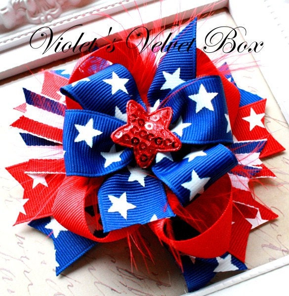 4th Of July Hairbow- Red white blue- Memorial Day Patriotic Boutique Bow by Violet's Velvet Box