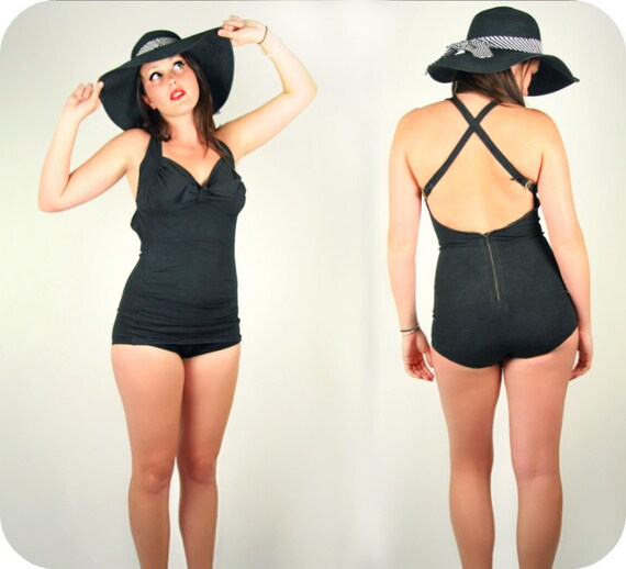 Vintage 40's - 50s Black Swimsuit Pin Up Girl