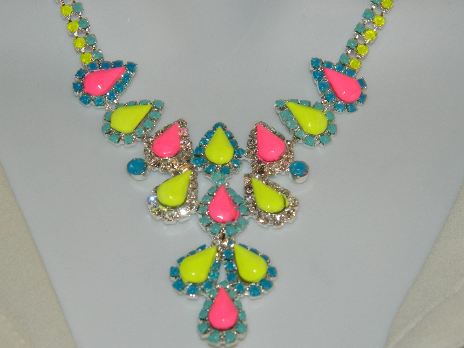 Painted rhinestone necklace colorful neon yellow pink and light mint blue