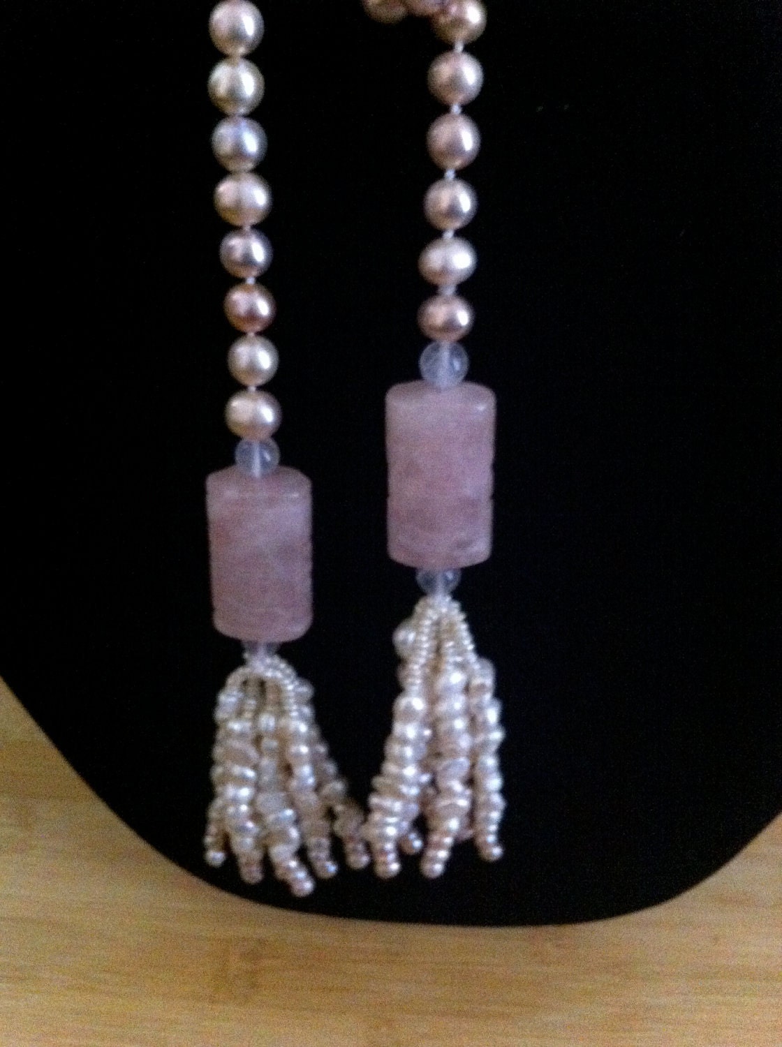 Beautiful 52" Pink Pearl and Carved Rose Quartz Lariat