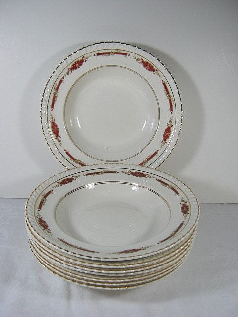 Johnson Bros Bowls Guildford Circa 1939 Ironstone Set/8 Floral Rim Soup Cereal