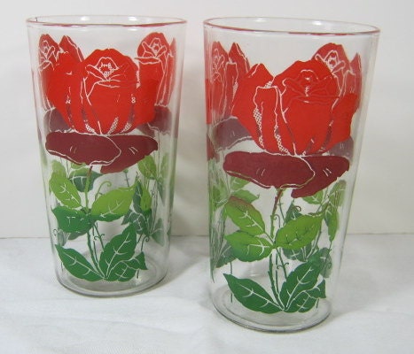 Vintage Swanky Swig Red Roses Glasses 50s Glassware Set/2 Kitchen
