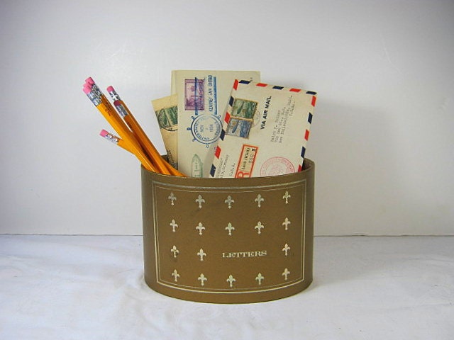 Vintage Desk Basket Fleur de Lis Mail Letters Holder Storage Gold