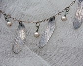 Organic, Dragonfly, Cicada Wing & Pearl, Insect Sterling Silver Bridal Necklace Original Jewelry by Clair Hartmann