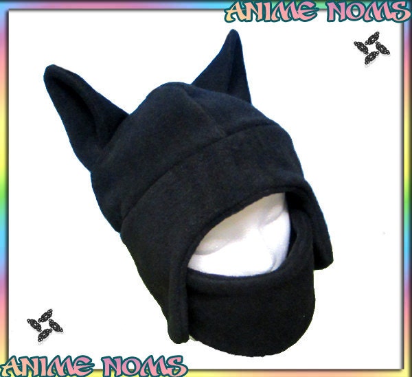 Ninja Neko Hat with Velcro Mask - Shinobi Shadows Cosplay Black Anime Ear Flaps Kitty Cat Hat Aviator Animal Warm Adult Teen Child Clothing