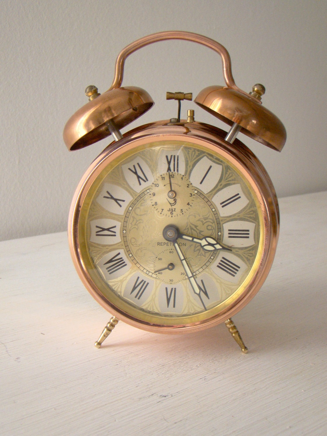 vintage french jaz alarm clock in copper case