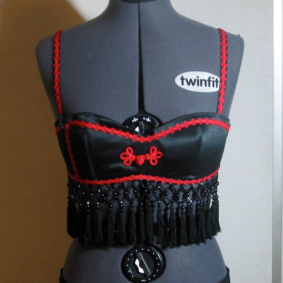 Black and Red Fringed Tribal Belly Dance Bra 36C