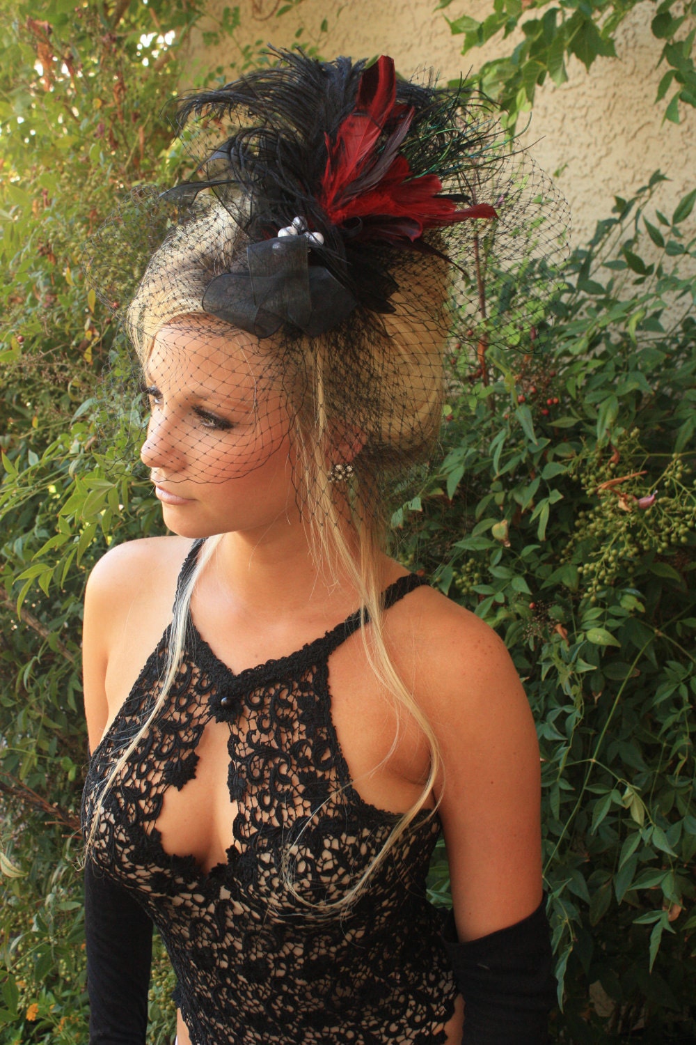 Black VINTAGE Fascinator, Feather Headpiece with BIRDCAGE VEIL from LasVegasVeils