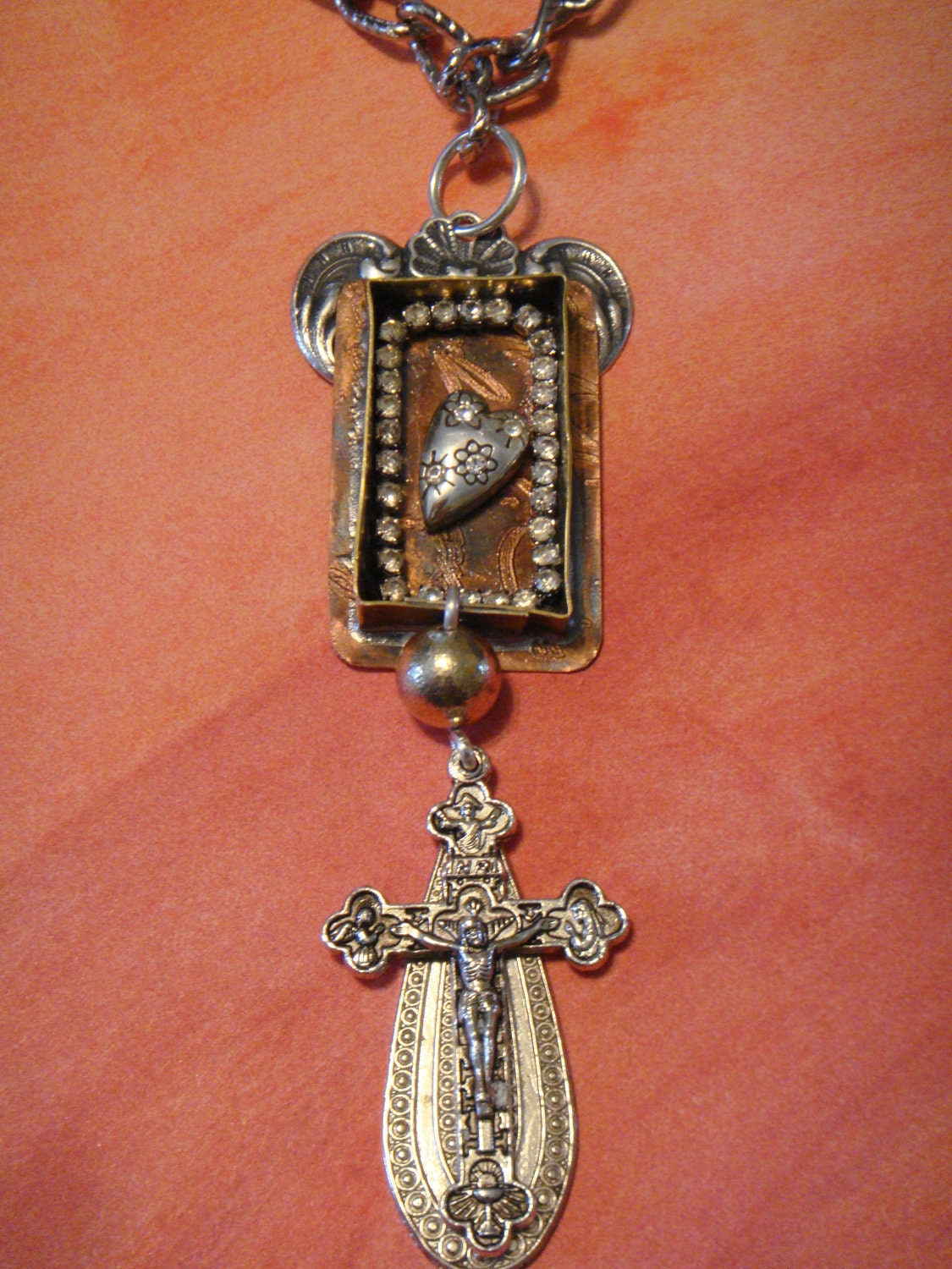 Mixed Media Vintage copper/brass metal pendant with heart and cross on etched copper
