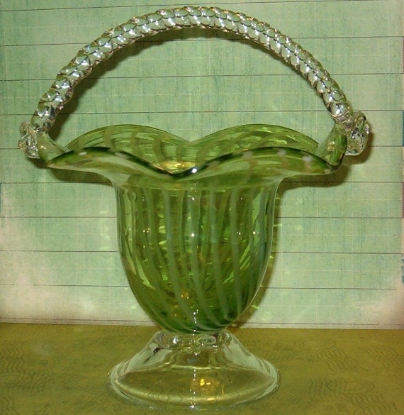 Items similar to Vintage Glass Basket, Green Etched Glass in a Stripe